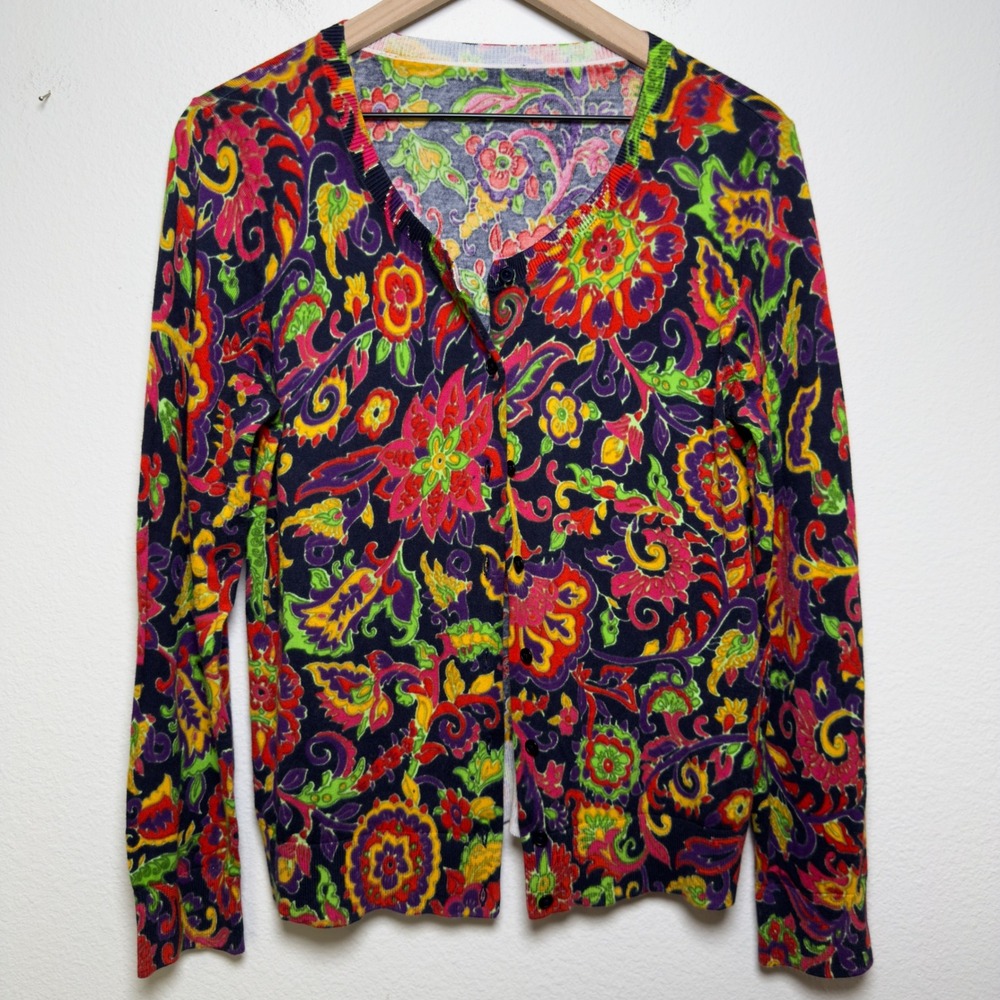Talbots Women Cotton Cardigan Sweater Medium Multicolor Floral Paisley Whimsy